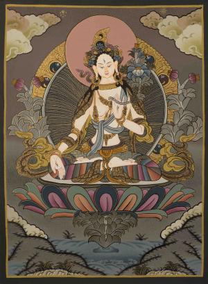 Hand-Painted White Tara Thangka | Tibetan Buddhist Female Bodhisattva Art