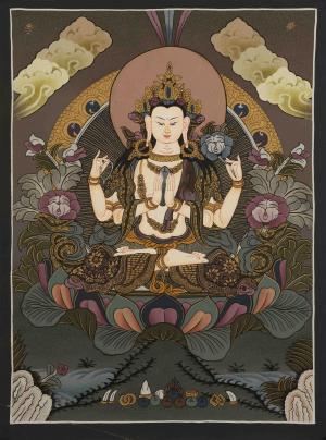4 Armed Avalokiteshvara Chengrezig Thangka | Bodhisattva Of Compassion | Traditional Tibetan Buddhist Thangka Art