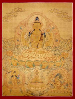 Full 24K Gold Style Avalokitesvara Chengrezig Thangka | Bodhisattva of Compassion | Hand-painted in Traditional Gold Style | Wall Decor