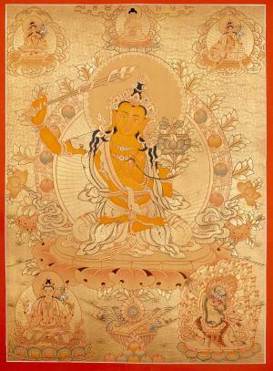 Original Hand Painted Full 24K Gold Style Manjushree Thangka | Tibetan Buddhist Bodhisattva Art | Deity Of Wisdom | Wall Hanging Decor