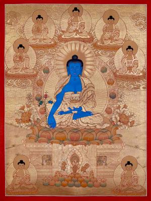 Original Hand-Painted 24K Gold Style Medicine Buddha | Tibetan Buddhist Bhaisajyaguru Art | Healing Buddha | Meditation Altar | Wall Decor