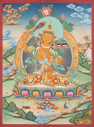 Original Hand Painted Manjushree Bodhisattva Thangka Painting | Traditional Buddhist Art Of Deity Of Wisdom | Tibetan Art For Wall Decor