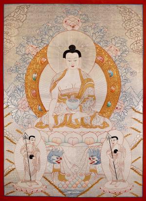 Silver And Gold Painted Shakyamuni Buddha Tibetan Thangka Painting | Original Hand Painted Buddhist Art