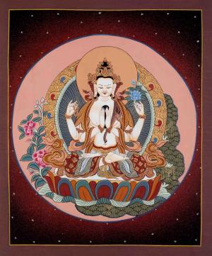 Original Hand Painted Small Size Avalokiteshvara Chengrezig Thangka | Bodhisattva of Compassion | Wall Hanging Decoration Tibetan Art