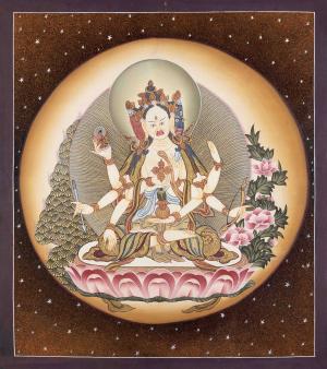 Original Hand Painted Namgyalma Thangka | Tibetan Buddhist Deity of Compassion and Wisdom | Three-Faced Deity | Eight-Armed Buddhist Goddess