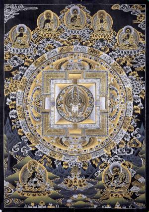 Original Hand Painted Gold & Silver Style Lokeshvara Mandala Thangka Painting | Tibetan Buddhist Mediation And Yoga Art | Wall Hanging Decor