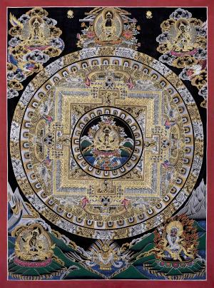 Original Hand Painted Black And Gold Style Chengrezig Mandala Thangka | Tibetan Buddhist Meditation And Yoga Art | Wall Decor Painting