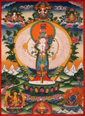 Vintage 1000 Armed Avalokiteshvara Thangka Thangka Art Flanked By Bodhisattvas | Bodhisattva Guanyin Chenrezig