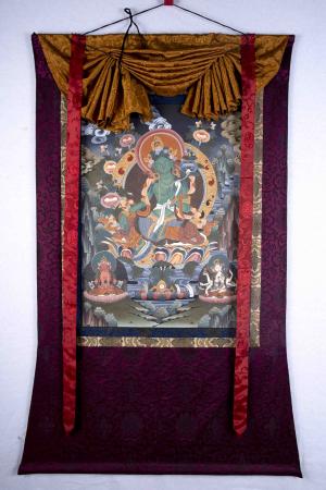 Beautiful Mother Green Tara Thangka Symbolizing Swift Actions of the Buddha Mounted on a beautiful Silk Brocade