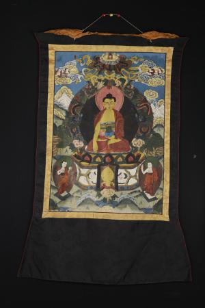 20th Century Buddhist Thangka painting of Shakyamuni Buddha flanked by his two chief Disciples