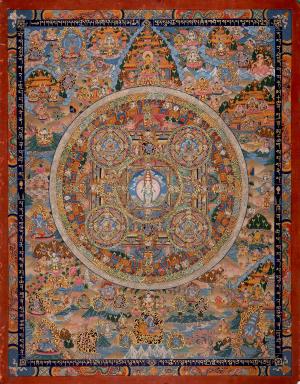Traditional painted Lokeshvara Mandala Embraced by Radiant Deities Blessed Chenrezig Thangka | Thangka Painting for Home Decor & Gifts