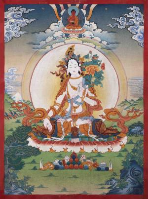 Vintage White Tara Thangka Art | Original Hand Painted Tibetan Buddhist Painting | Meditation And Yoga | Wall Hanging Decoration