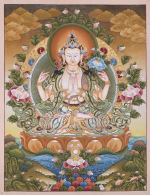 Avalokitesvara Chengrezig Thangka Painting | Original Hand Painted Art | Religious Wall Decoration | Yoga And Meditation Home Decor