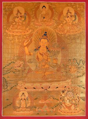 Full Gold Style Arya Boddhisattva Manjushri Original Hand painted Thangka | Religious Tibetan Wall Hanging Art | Vajrayana Buddhism Painting