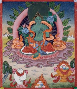 Vintage Green Tara Thangka | Tara Painting | Buddhist Art | Sacred Green Tara | Goddess Art | Zen Buddhism | Tara Bodhisattva | Zen Buddhism