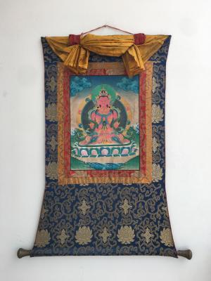 Vintage Amitayus Buddha Thangka | Buddha Aparmita | Vintage Thangka Painting | Brocade Mounted Tibetan Thangka