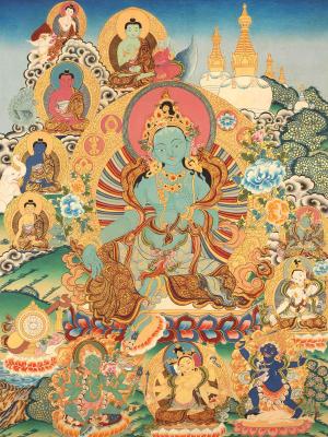 Vintage Divine Mother Goddess Green Tara Buddhist Thangka | Fine Himalayan Art
