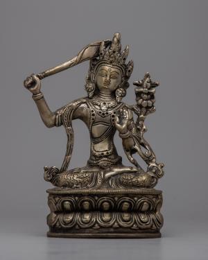 Vintage Silver Manjushri Statue | Wisdom and Enlightenment | Timeless Buddhist Artifact | Home Decor